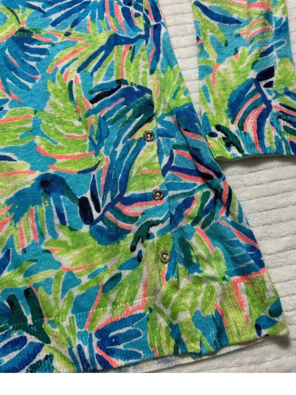 Lilly Pulitzer Blue Green Pink Tropical Leaf V-Neck Long Sleeve Top - Picture 5 of 11